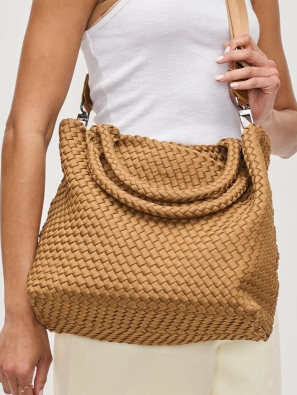 Sol and Selene Sky's The Limit Medium Tote Neoprene Tan Sand Crossbody Bag - Picture 4 of 8